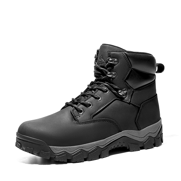 Men's Soft Toe Leather Work Hiking Boots - BLACK -  0